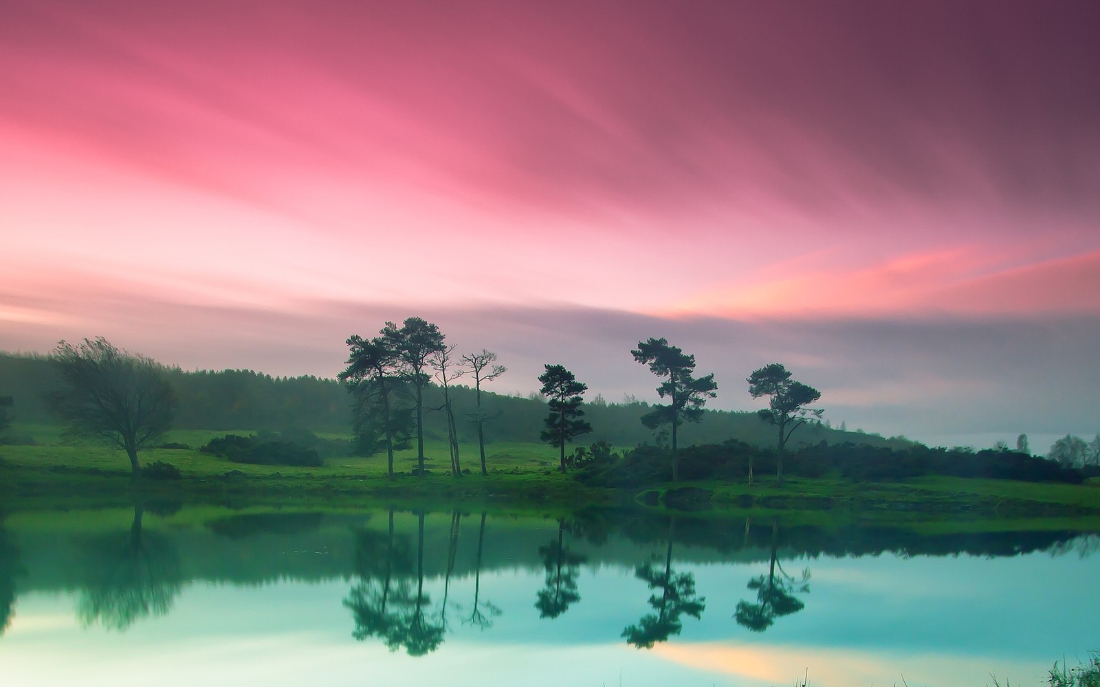 Arafed view of a lake with trees and a pink sky (nature, reflection, water, morning, dawn)