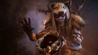 A fierce warrior adorned in animal furs and a mask, wielding a ritualistic bowl, embodies the primal spirit of adventure in a richly detailed, open-world setting.