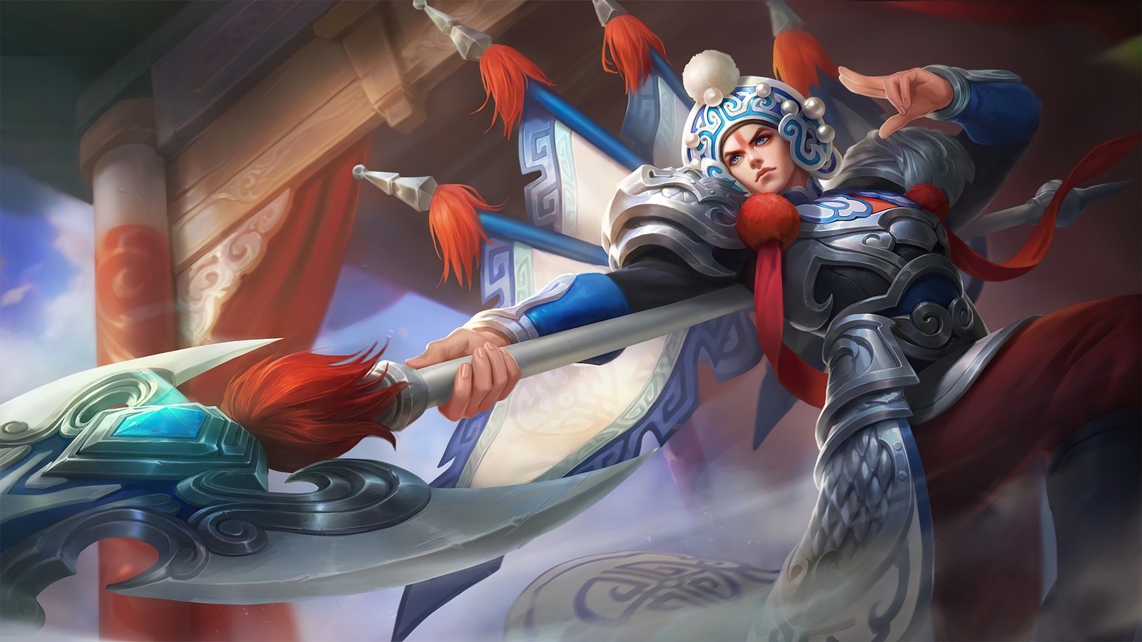 Un hombre con armadura sosteniendo una espada y una mujer sobre él (zilong, changbanpo commander, piel, mobile legends, bang bang)