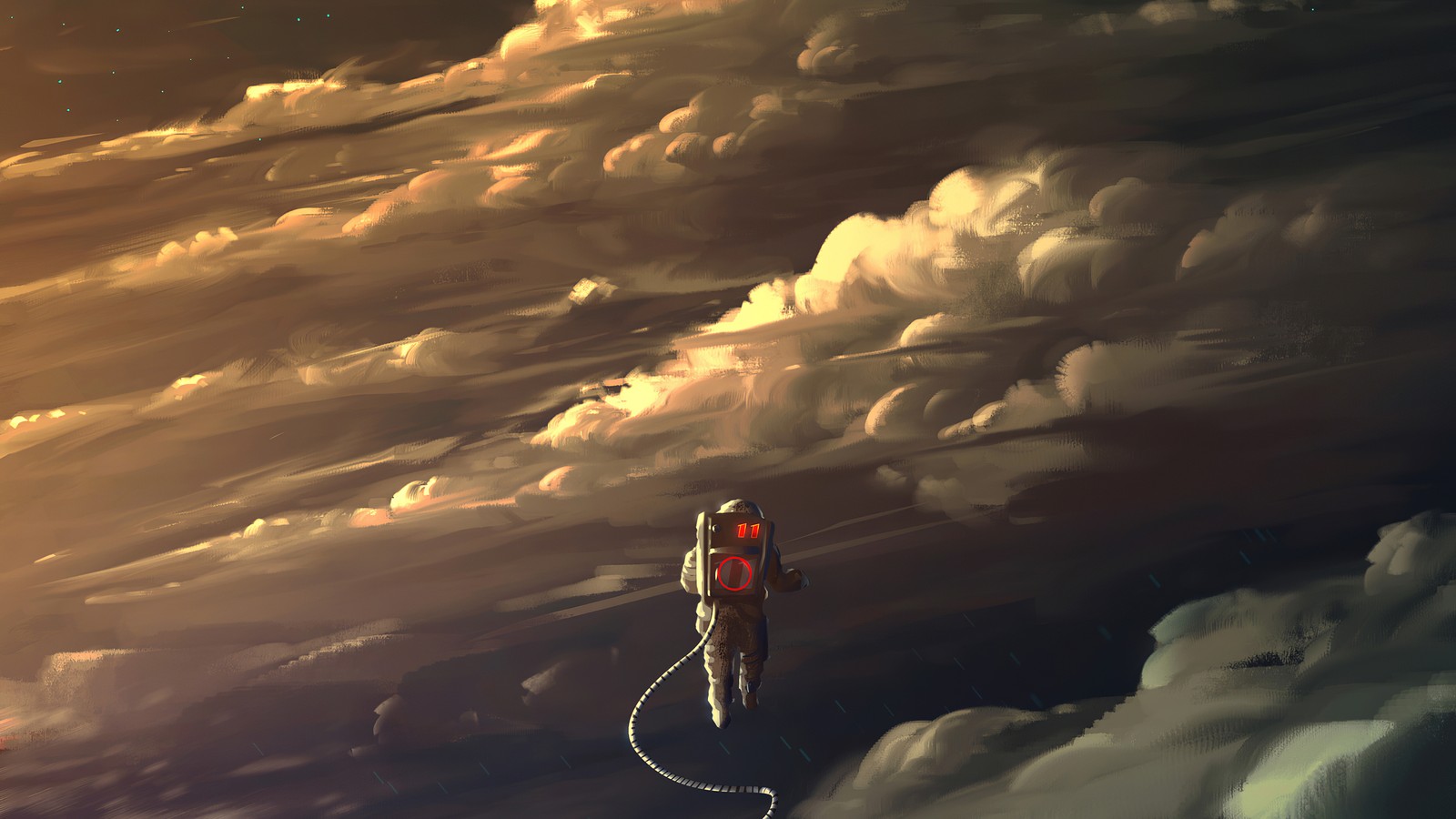 Anime, space, astronaut, sky, clouds, space station, space station, space station, (astronaut, cloud, atmosphere, nature, cumulus)