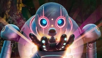 A whimsical animated robot cradling a small creature, illuminated by colorful lights in a vibrant forest setting.