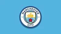 manchester city fc, football team, cyan background, logo, premier league club