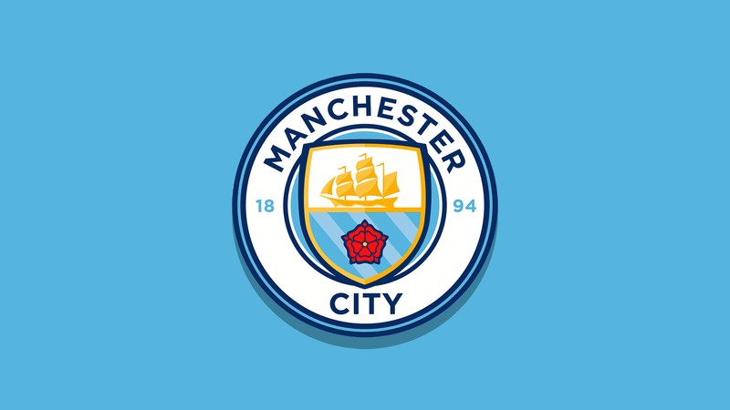 Логотип манчестер сити на синем фоне. (манчестер сити, manchester city fc, футбольная команда, циановый фон, логотип)