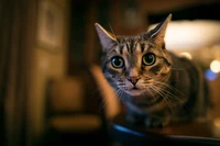 Primer plano de un gato curioso con bigotes prominentes y ojos expresivos