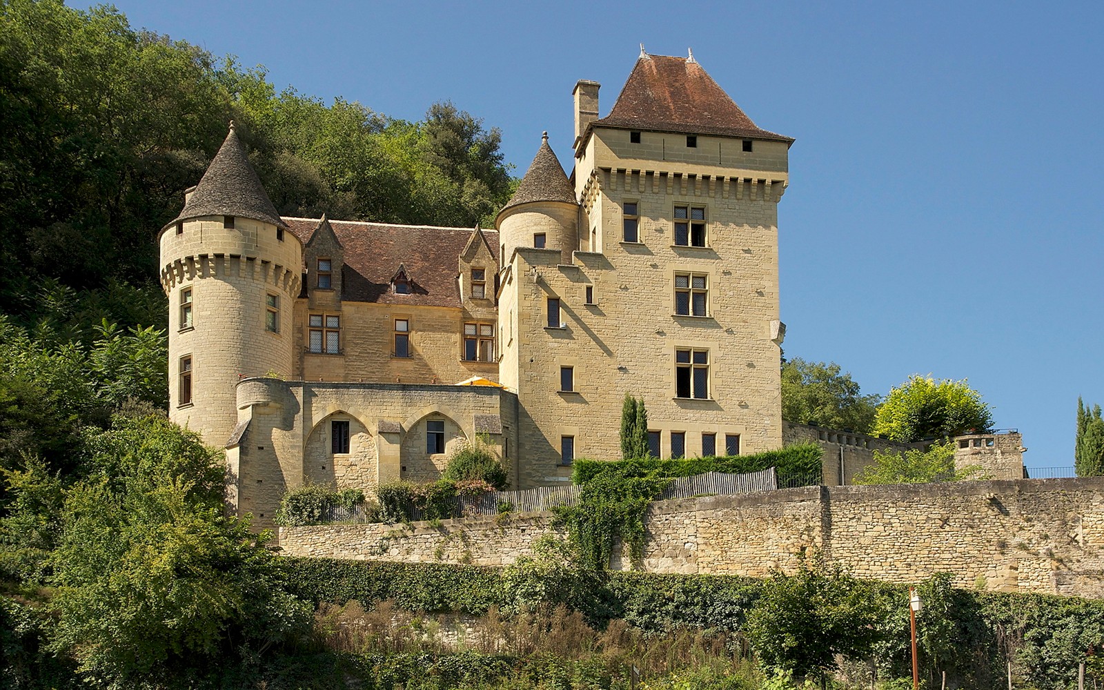 Un château avec une tour et une horloge au sommet d'une colline (château, architecture médiévale, bâtiment, propriété, bien immobilier)