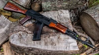 Sturmgewehr AK-74 auf rustikalem Holz-Hintergrund