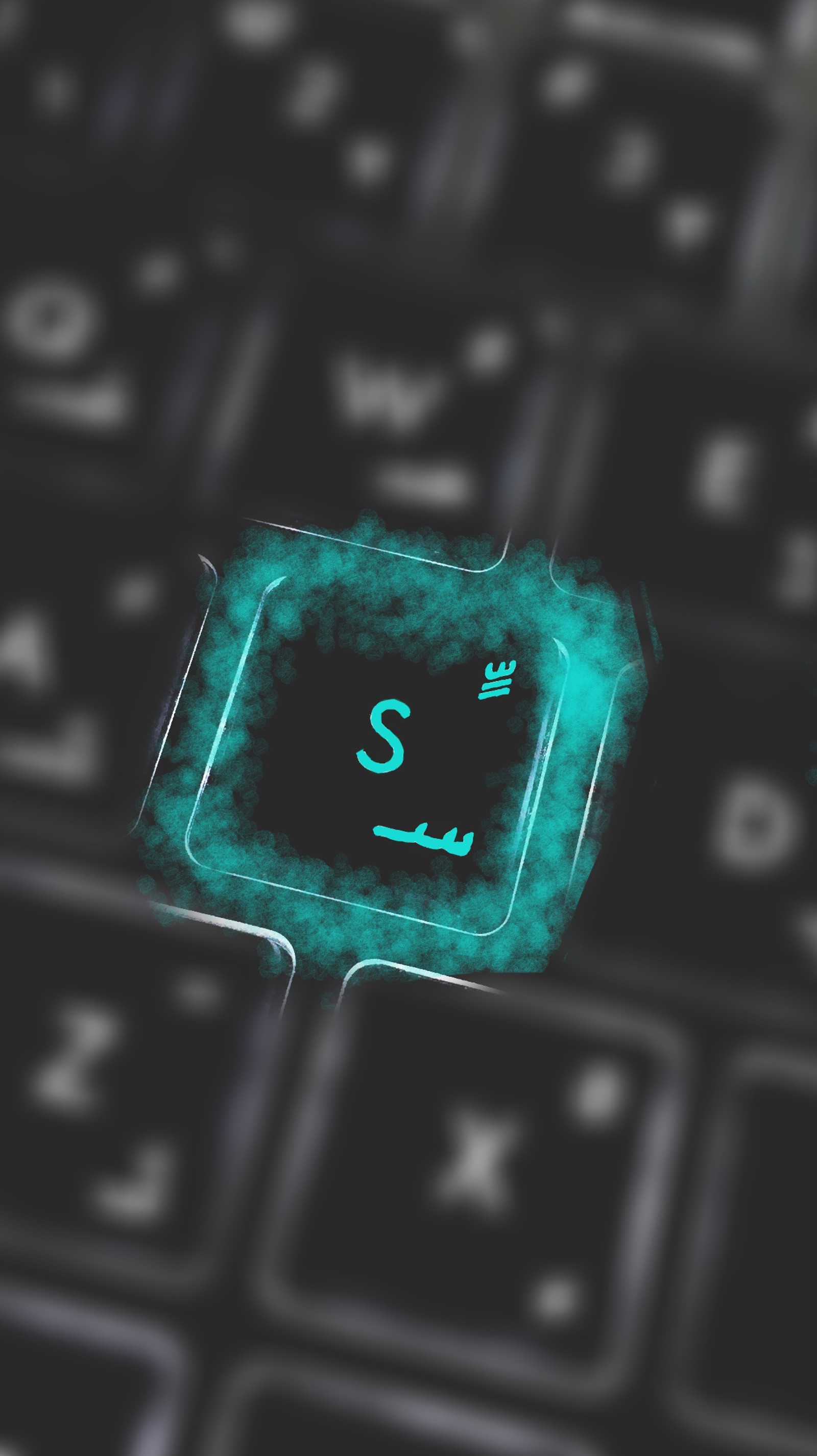 A close up of a computer keyboard with a glowing green key (blue, color, keyboard, letter)