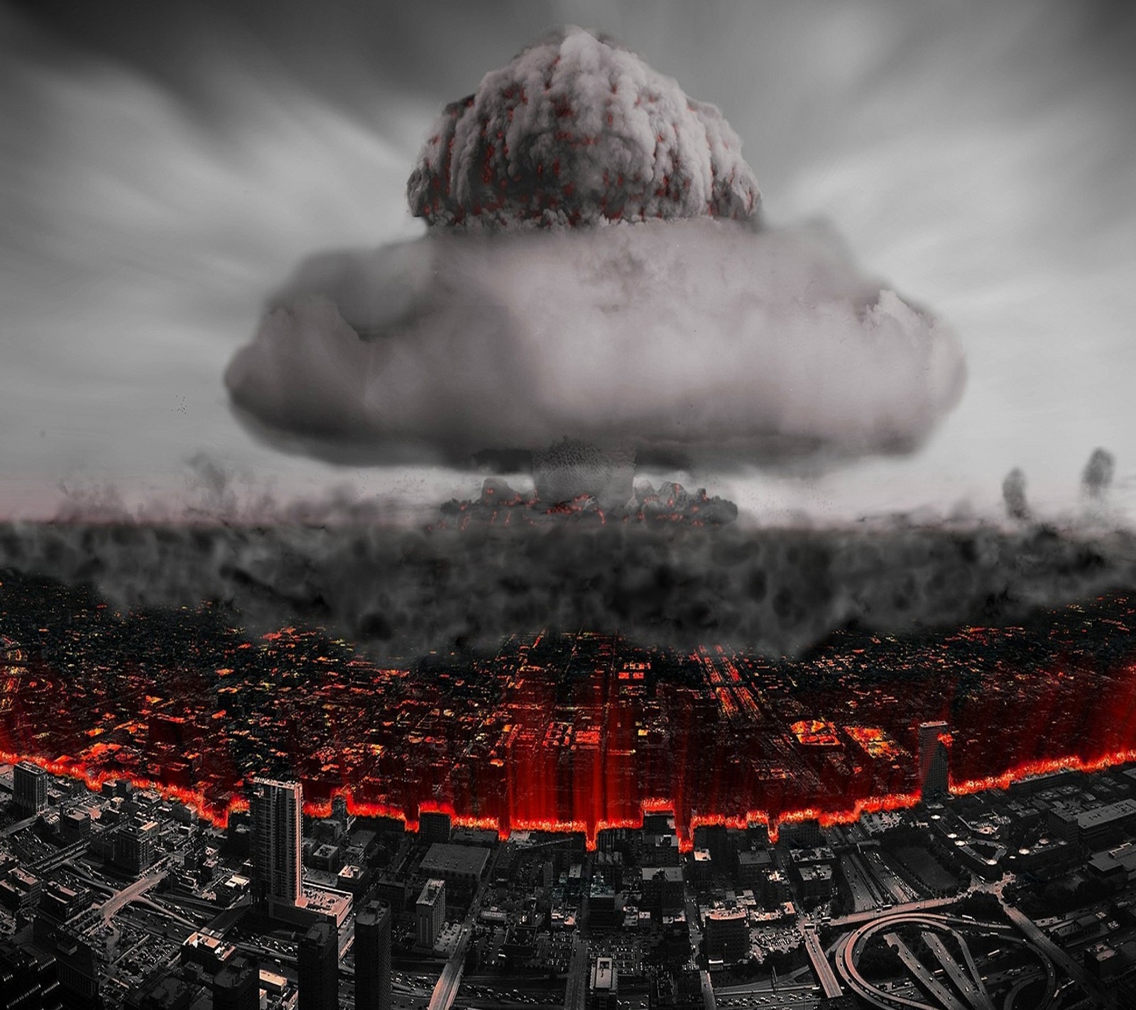 Une image d'un nuage de champignon nucléaire au-dessus d'une ville (noir, bluildings, nuage, gris, rouge)