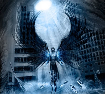 A powerful angelic figure emerges amidst a desolate urban landscape, radiating light and energy while surrounded by chaos.