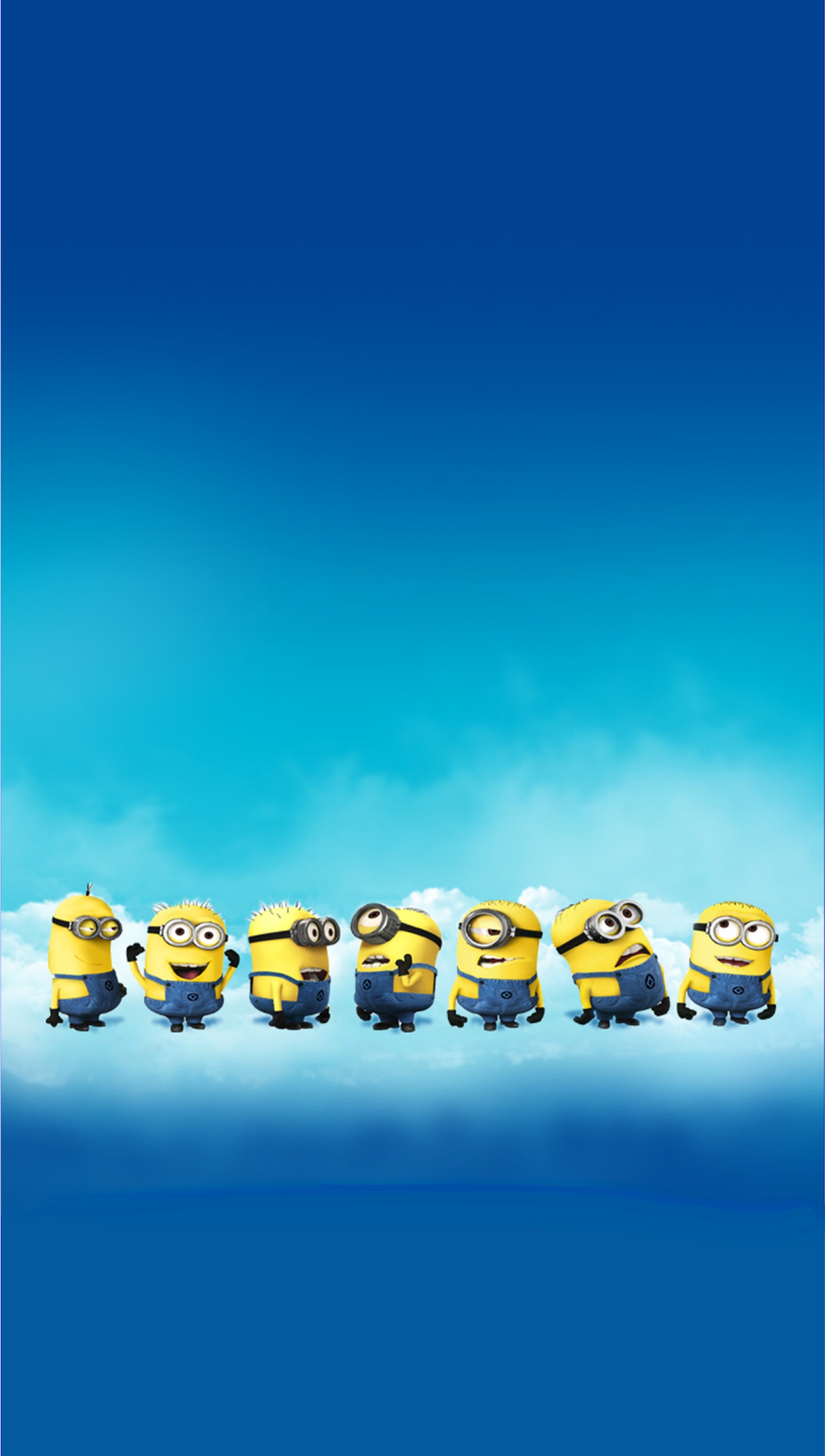 Les minions sont alignés en rang sur un fond bleu (minions, nuage de minions)