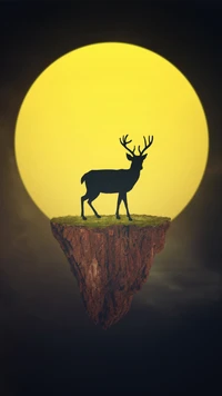 Silhouette d'un cerf contre un soleil jaune éblouissant dans un paysage onirique