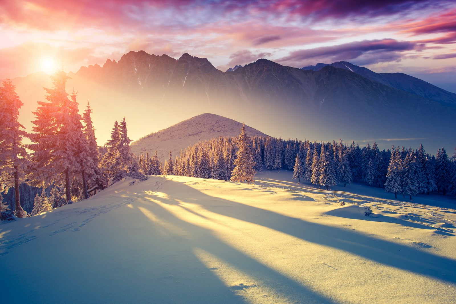 A view of a snowy mountain with trees and a bright sun (landscape, mountains, nature, snow, sunset)