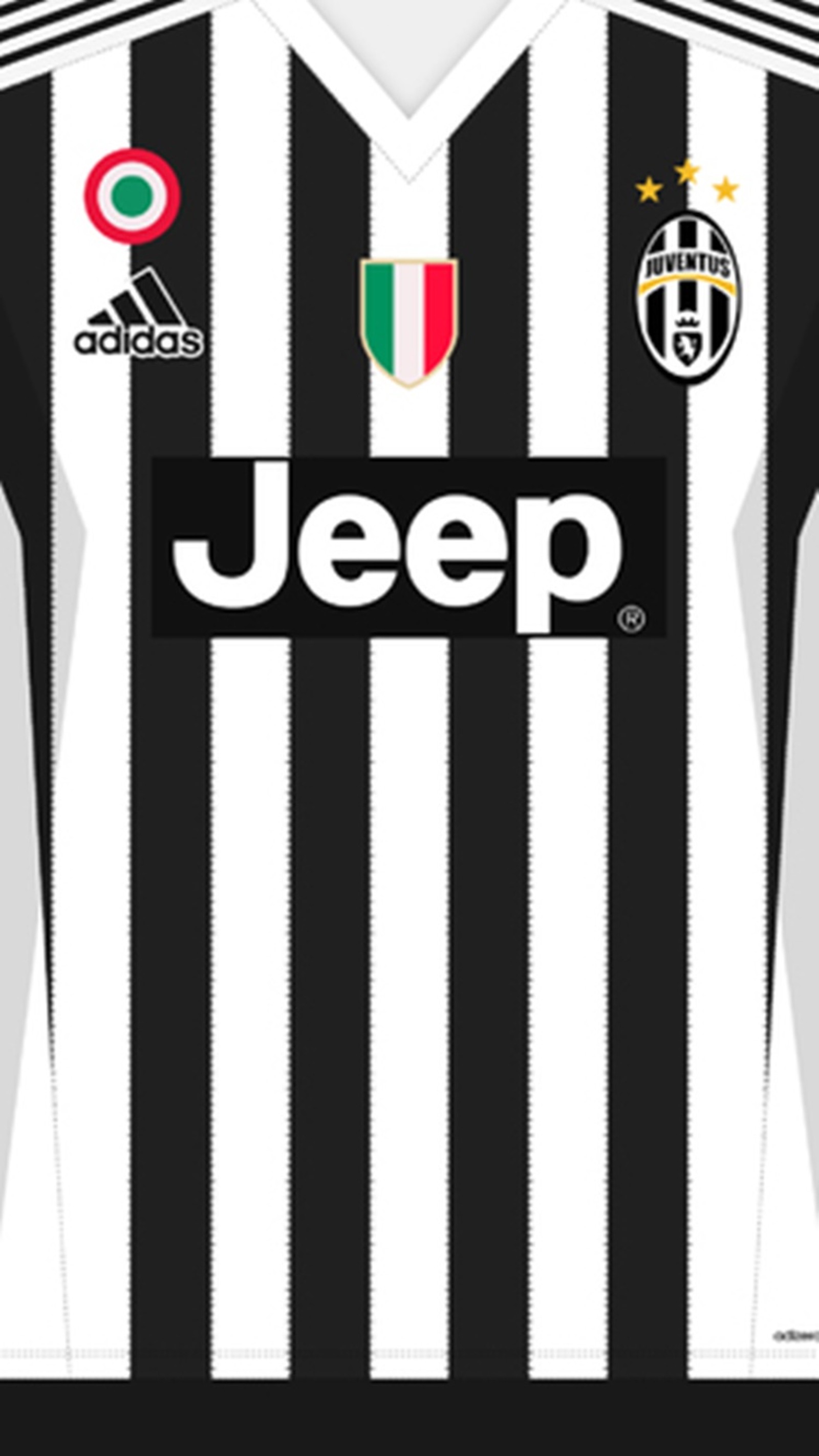 A black and white jersey with a white and black stripe (home, juventus, kit)