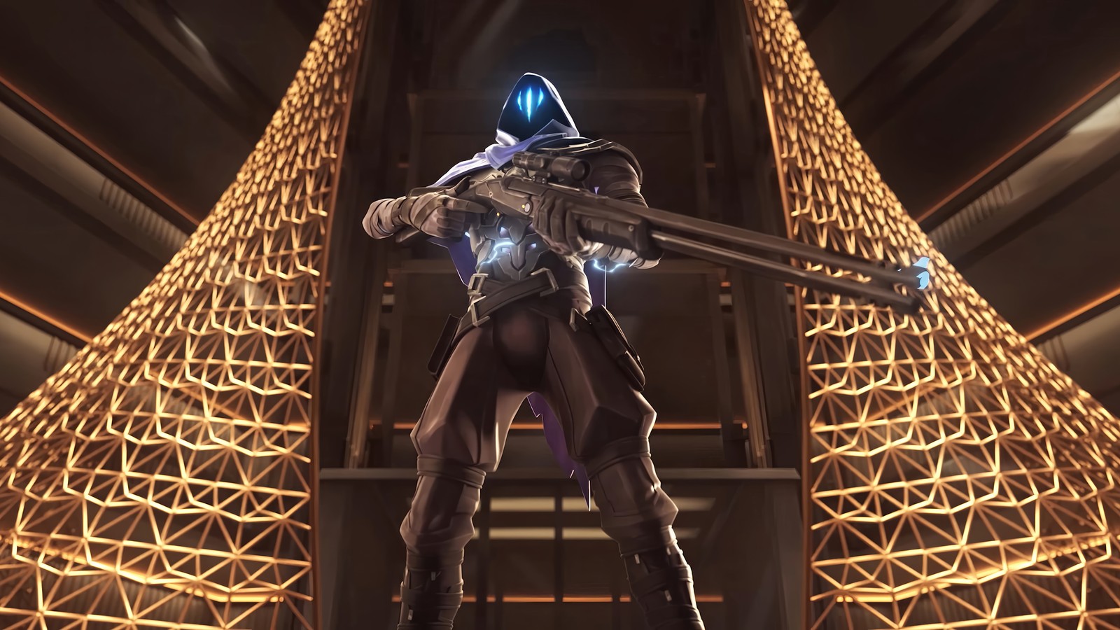 A man in a futuristic suit holding a sword in front of a pyramid (omen, valorant, video game, episode 8 cinematic)