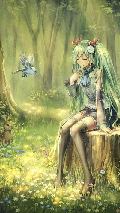 Hatsune Miku dans une forêt sereine avec des compagnons de la nature