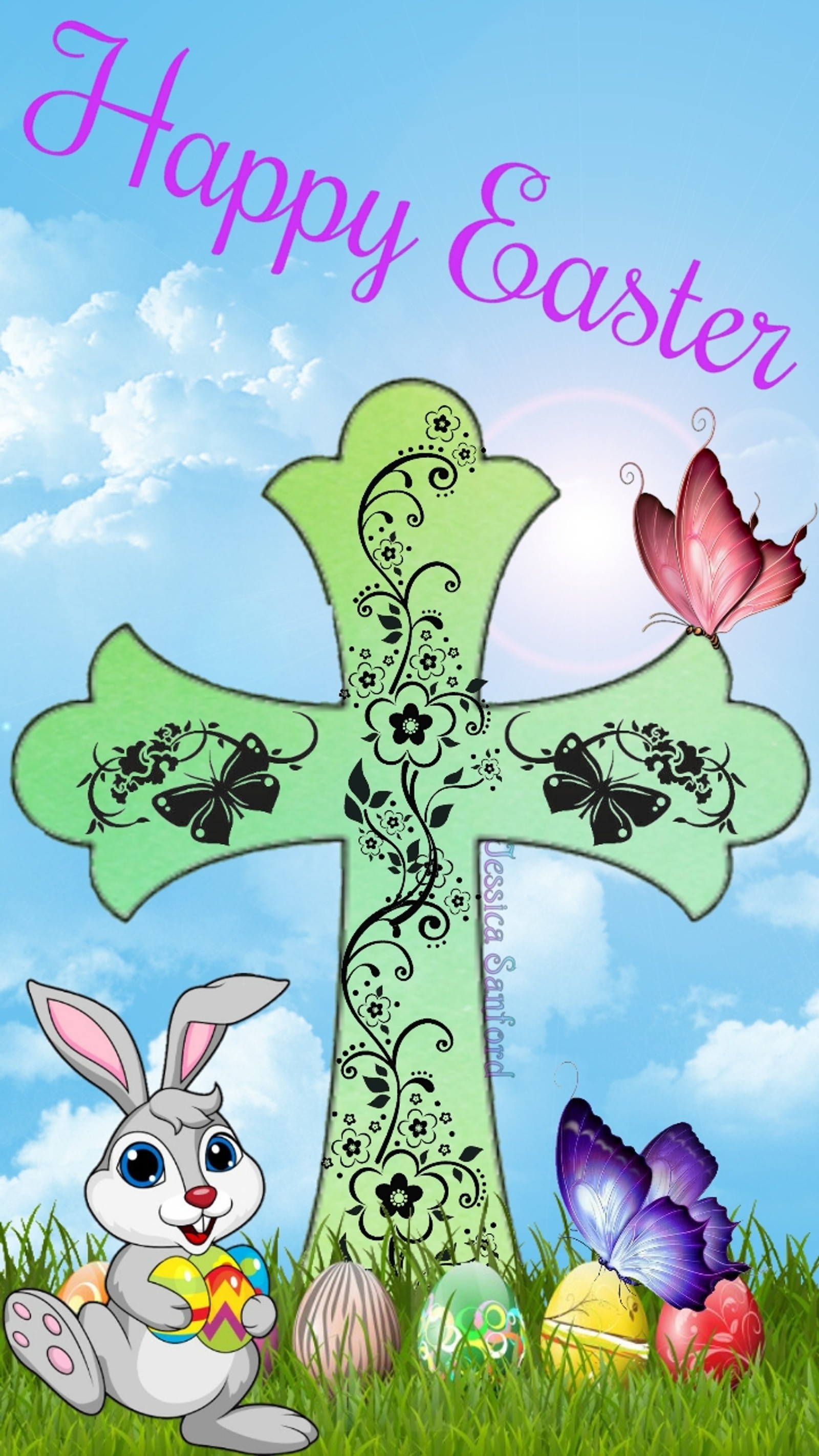 Frohe ostern-karte mit einem kreuz, einem hasen und schmetterlingen (hase, schmetterling, kreuz, ostern, eier)