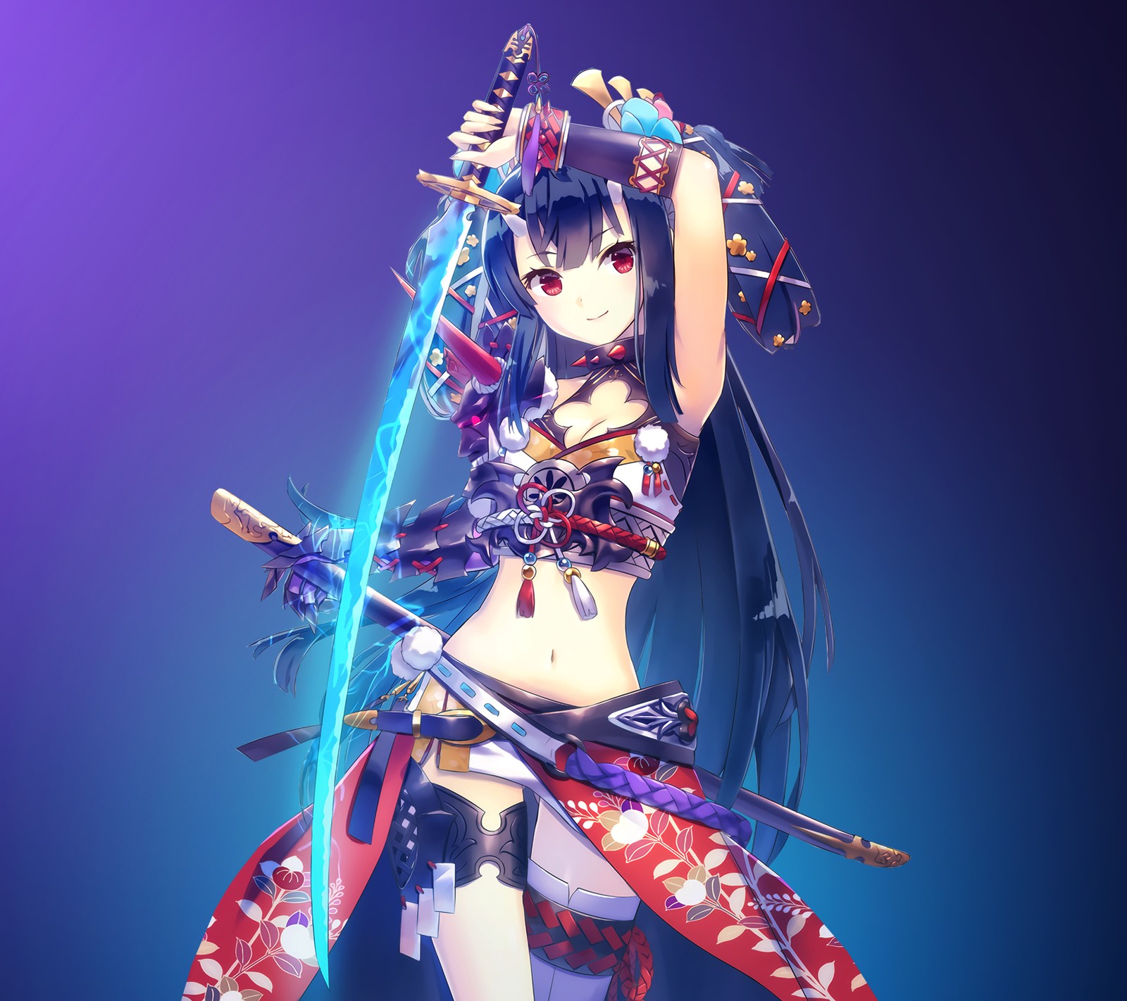 Baixar papel de parede anime, azul, menina, katana, guerreiro