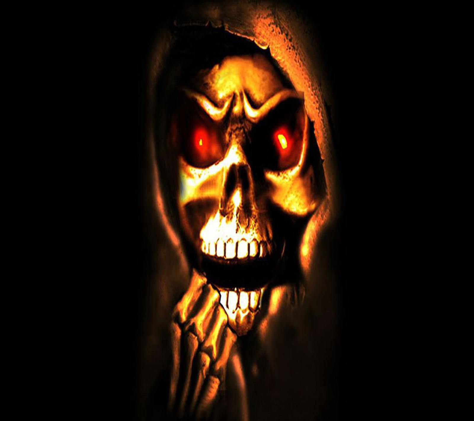 A close up of a skeleton with glowing eyes and a hood (dark, skull)