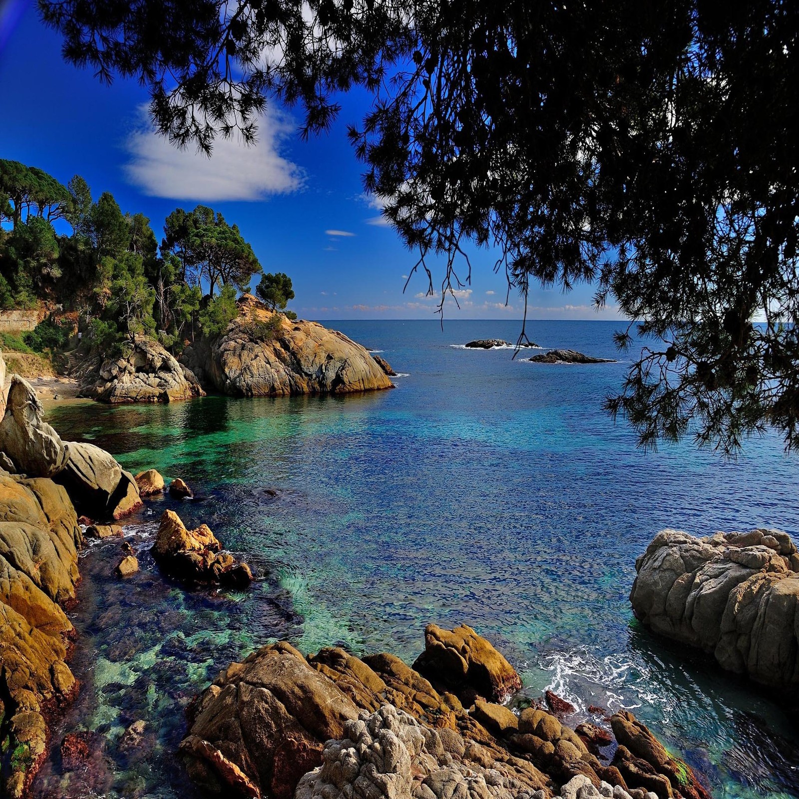 There is a view of a beach with rocks and water (beautiful, cute, look, nice)