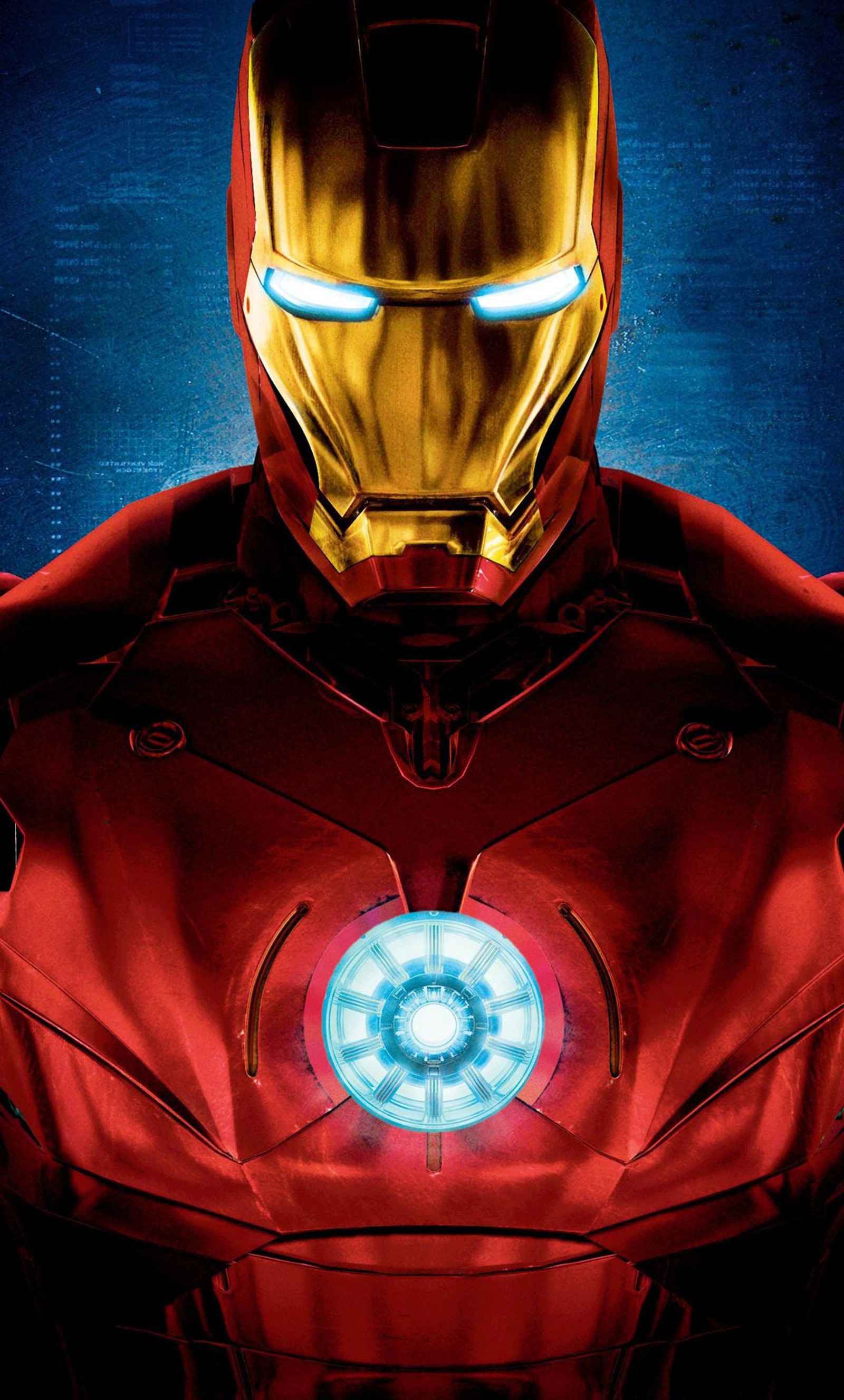 Iron man with glowing eyes and armor standing in front of a blue background (entertainment, iron man, movie)