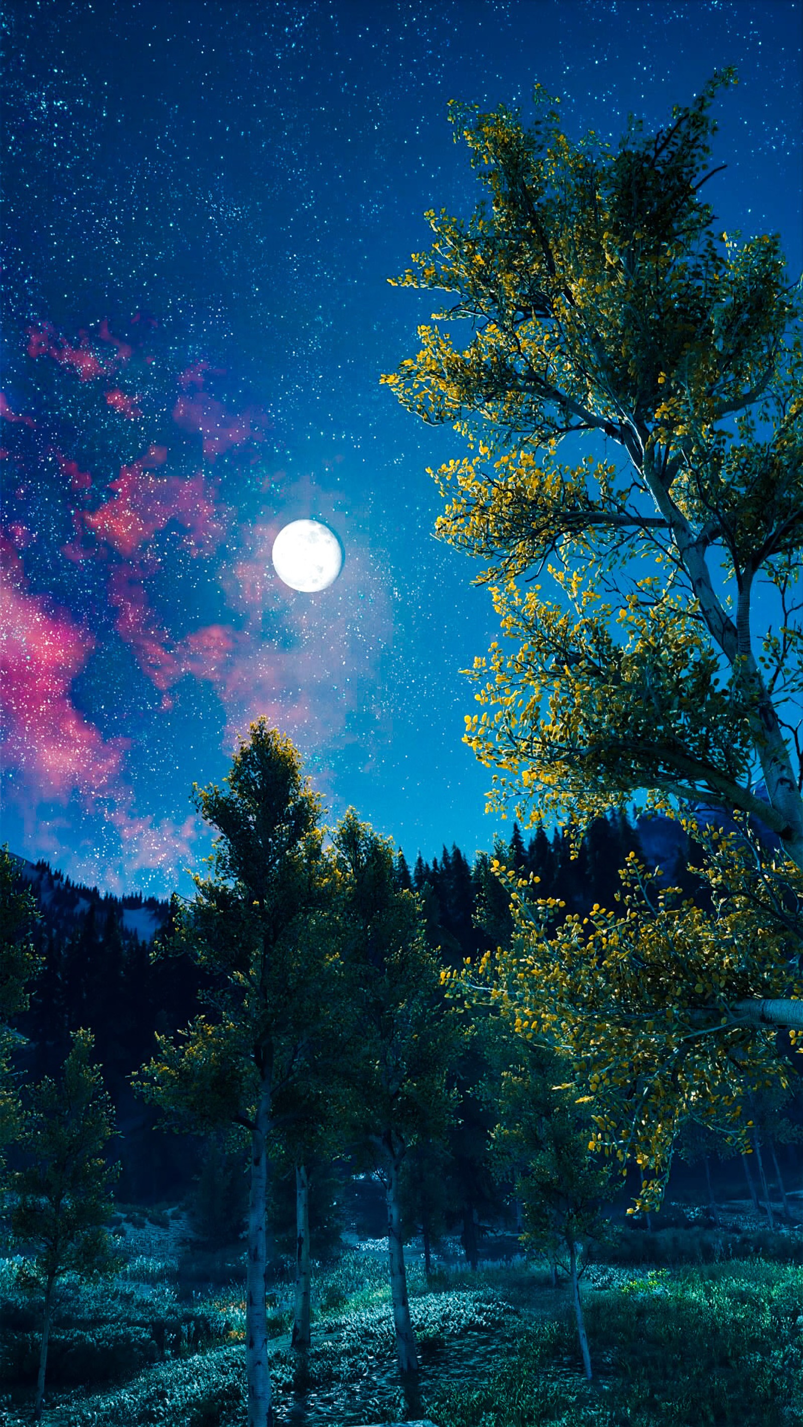 There is a full moon that is shining brightly over a field (days gone, galaxy, game, moon, nature)