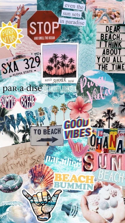 A vibrant collage celebrating beach life, surf culture, and summer vibes, featuring tropical imagery, motivational quotes, and playful graphics.