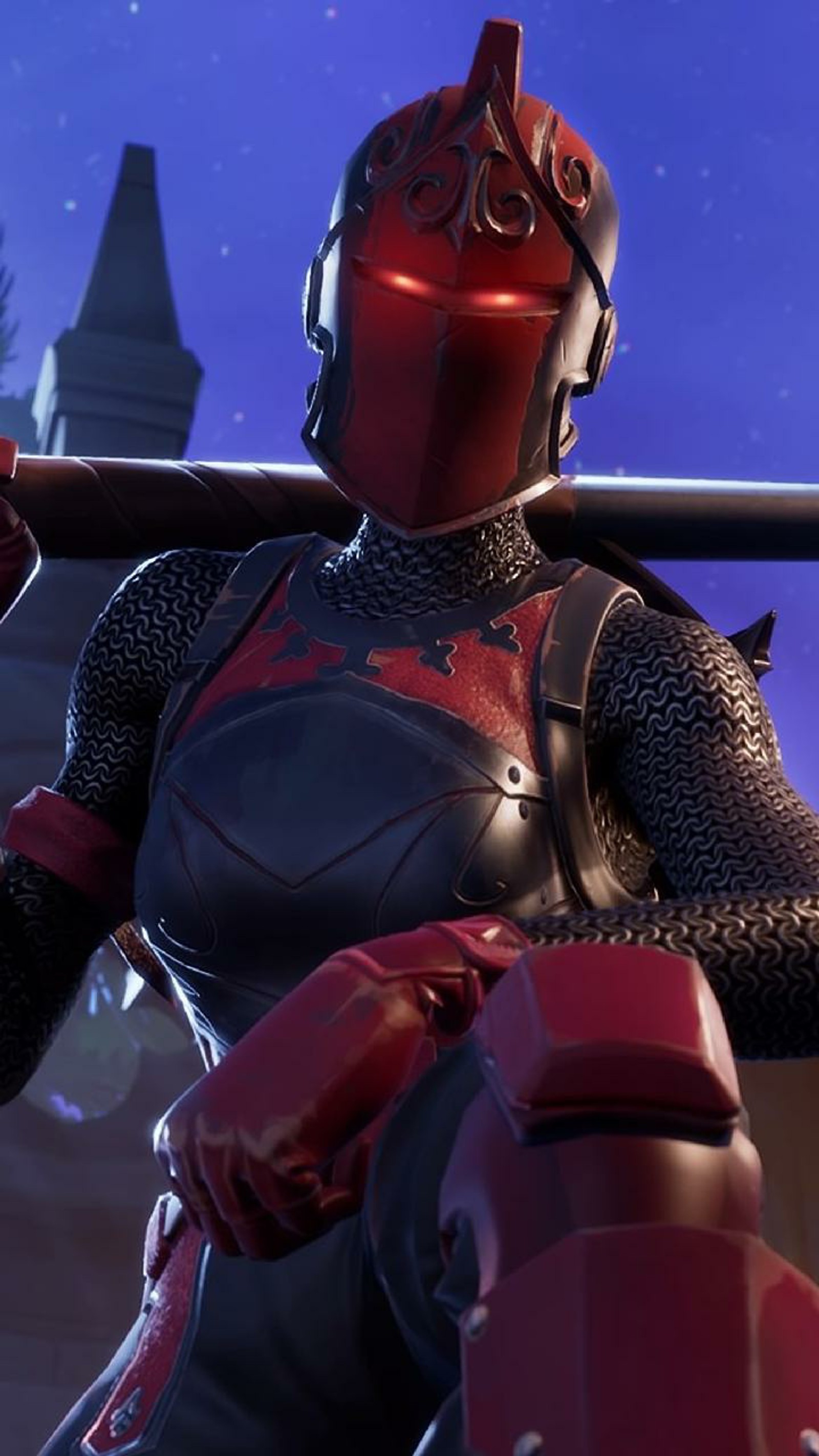 A close up of a person in a helmet holding a baseball bat (fortnite, games, knight, red)