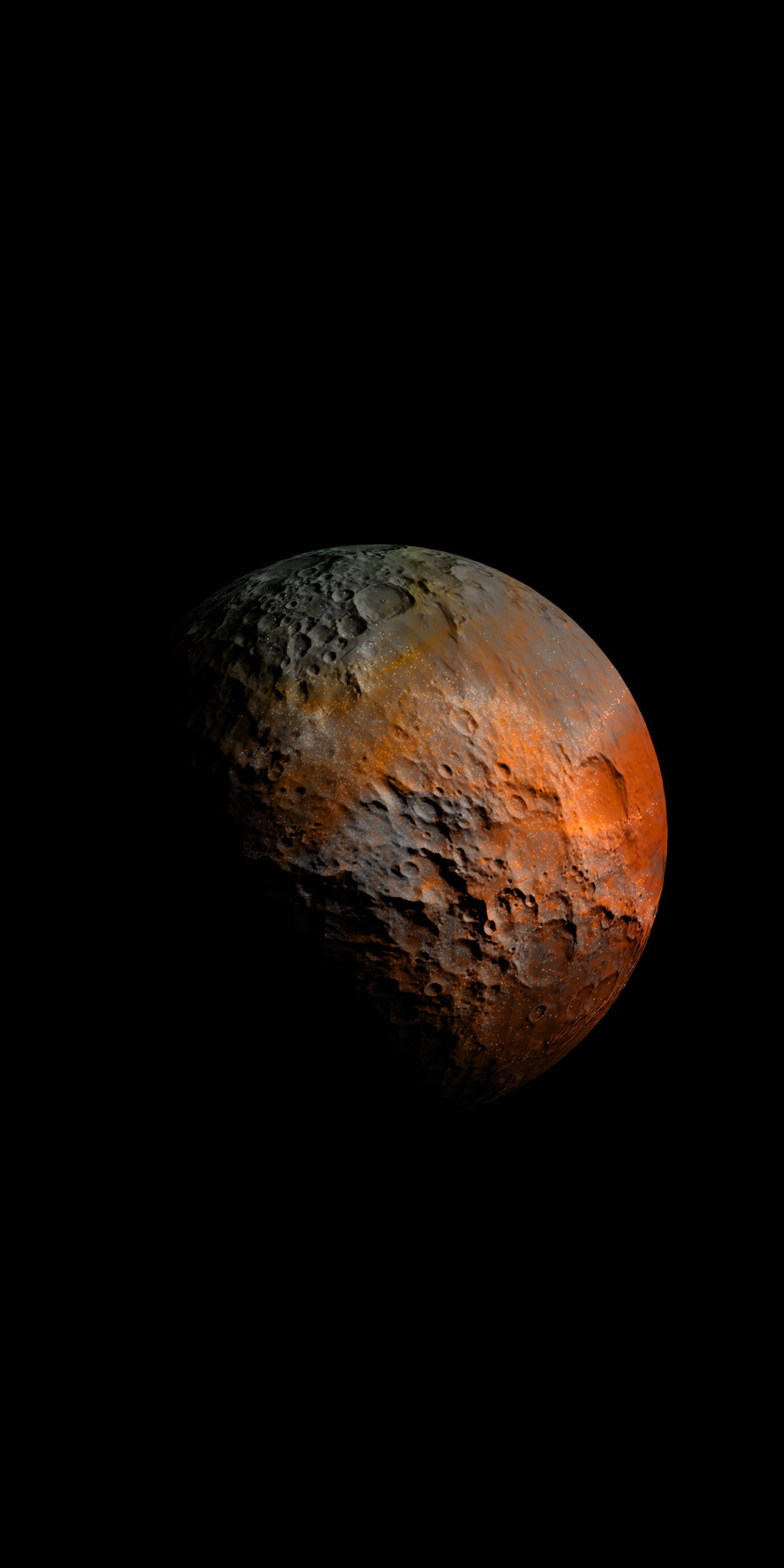 Um close de um planeta em um fundo escuro (lua, enferrujado, espaço)