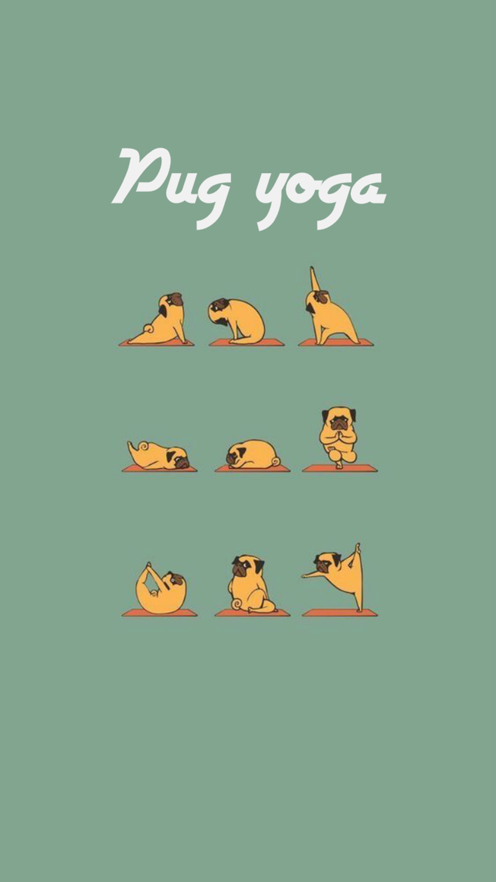 Un cartel con un pug haciendo yoga y un perro haciendo yoga (pug, pugs, yoga)