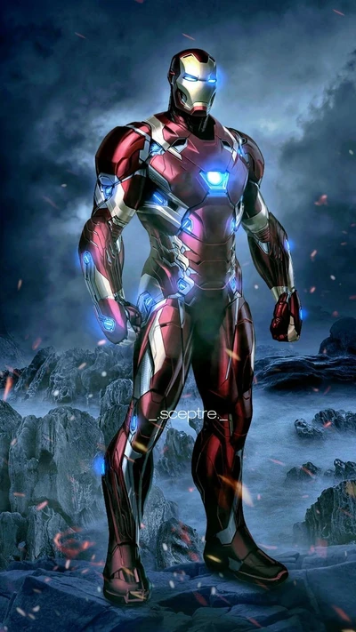 Iron Man Stands Heroically Amidst a Dramatic Background