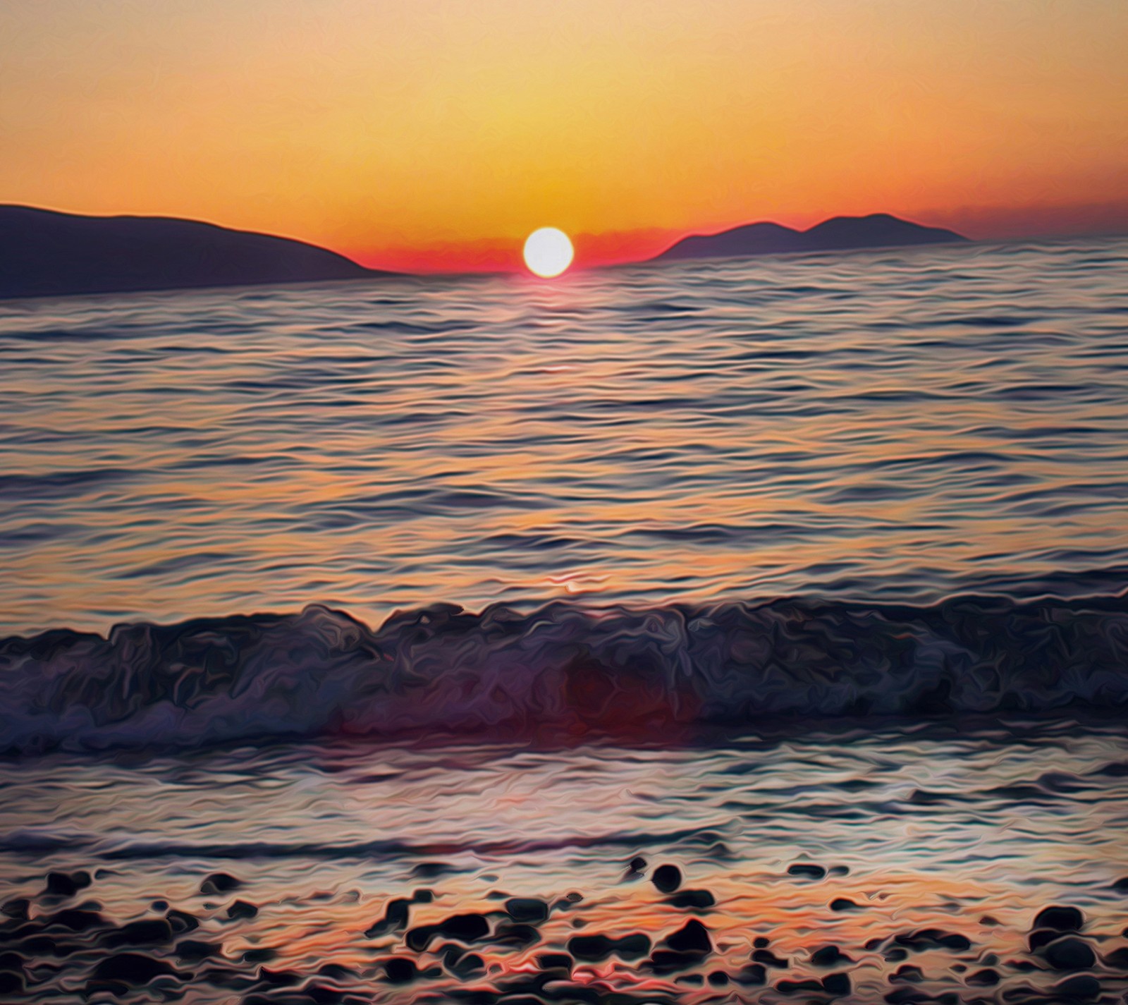 Atardecer sobre el océano con una ola rompiendo en la orilla (albania, amanecer, ekss, amor, romántico)