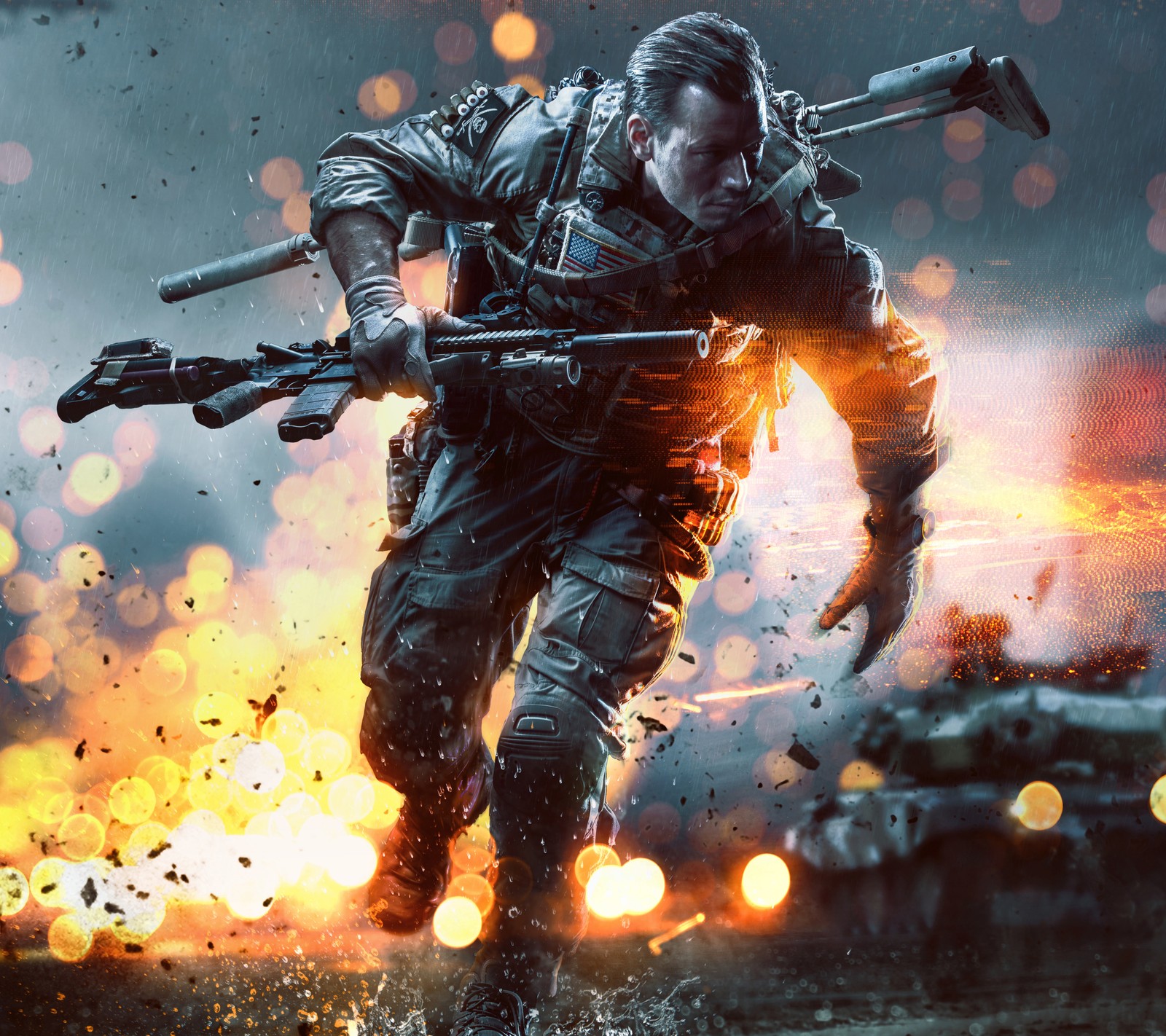 Un hombre con uniforme militar corriendo por un campo con un arma (battlefield 4, juego)