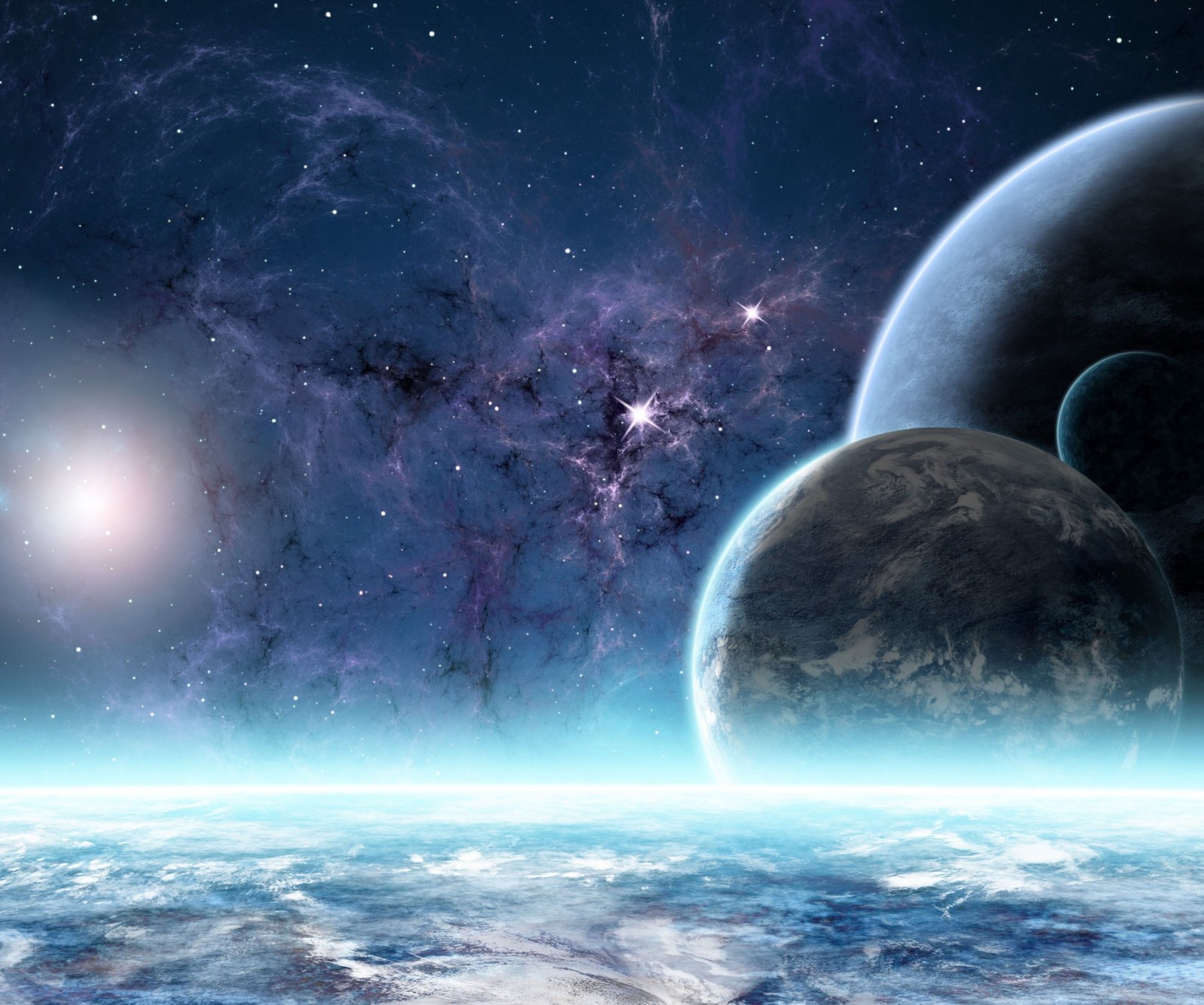 A view of a planet with two planets in the background (desktop wallpapers, nebula, planet, space, stars)