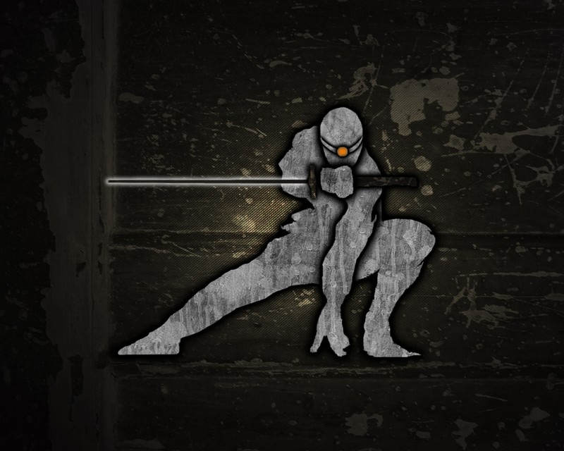 A close up of a person with a sword on a wall (abstract, anime, grey)