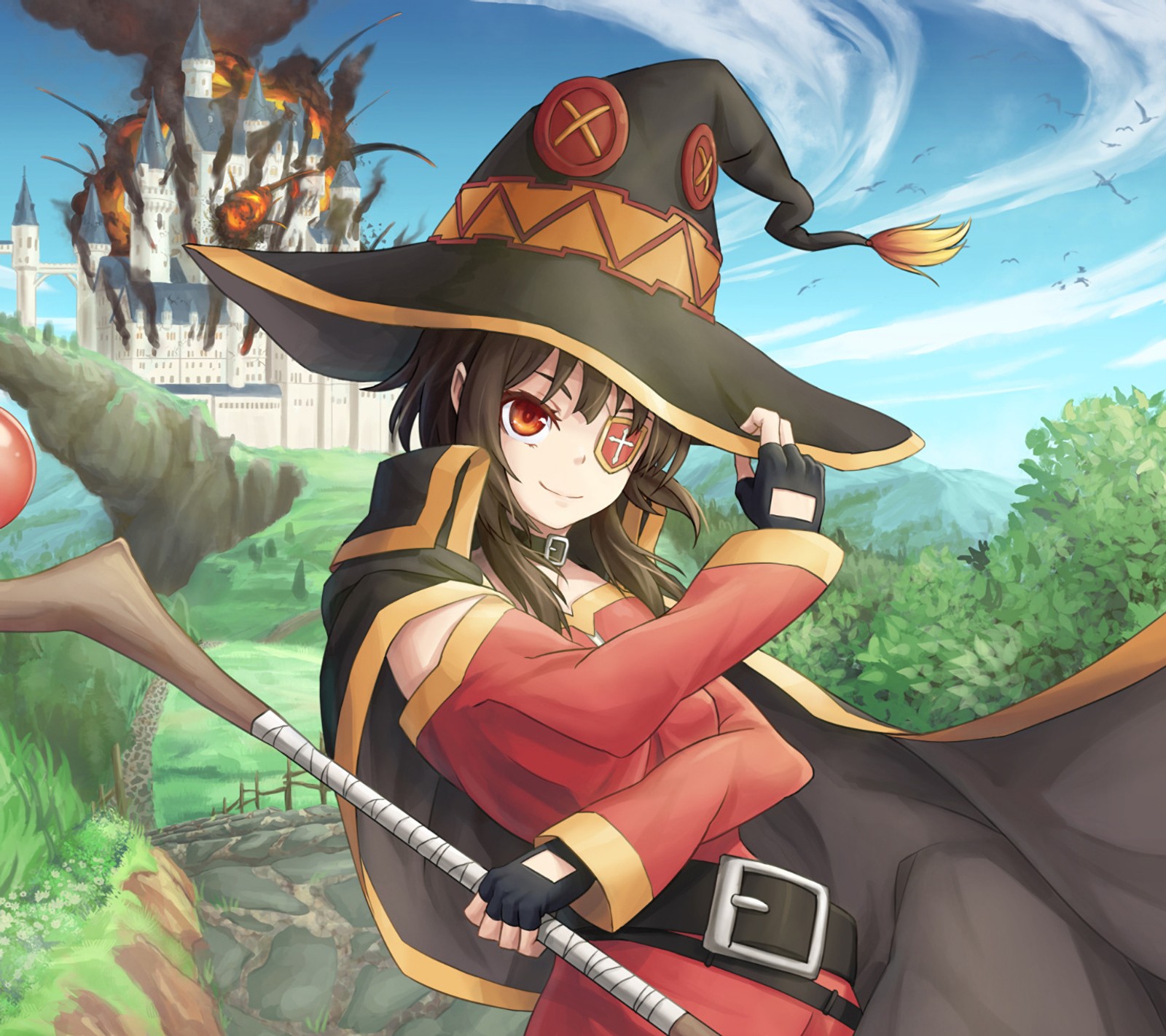 Chica de anime con sombrero de bruja sosteniendo un palo y una calabaza (anime, chica de anime, konosuba)