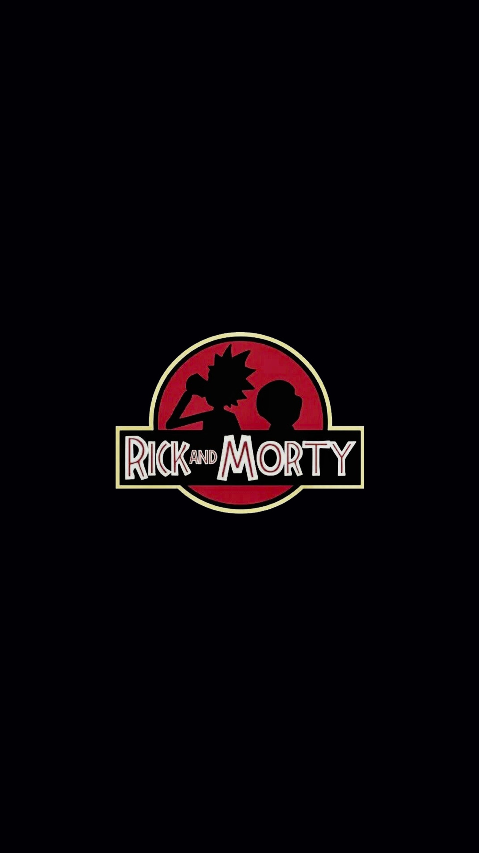 Un gros plan d'un logo sur un fond noir (jurrasic park, morty, rick)