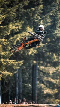 Ciclismo de montaña dinámico: un ciclista en el aire sobre un sendero boscoso