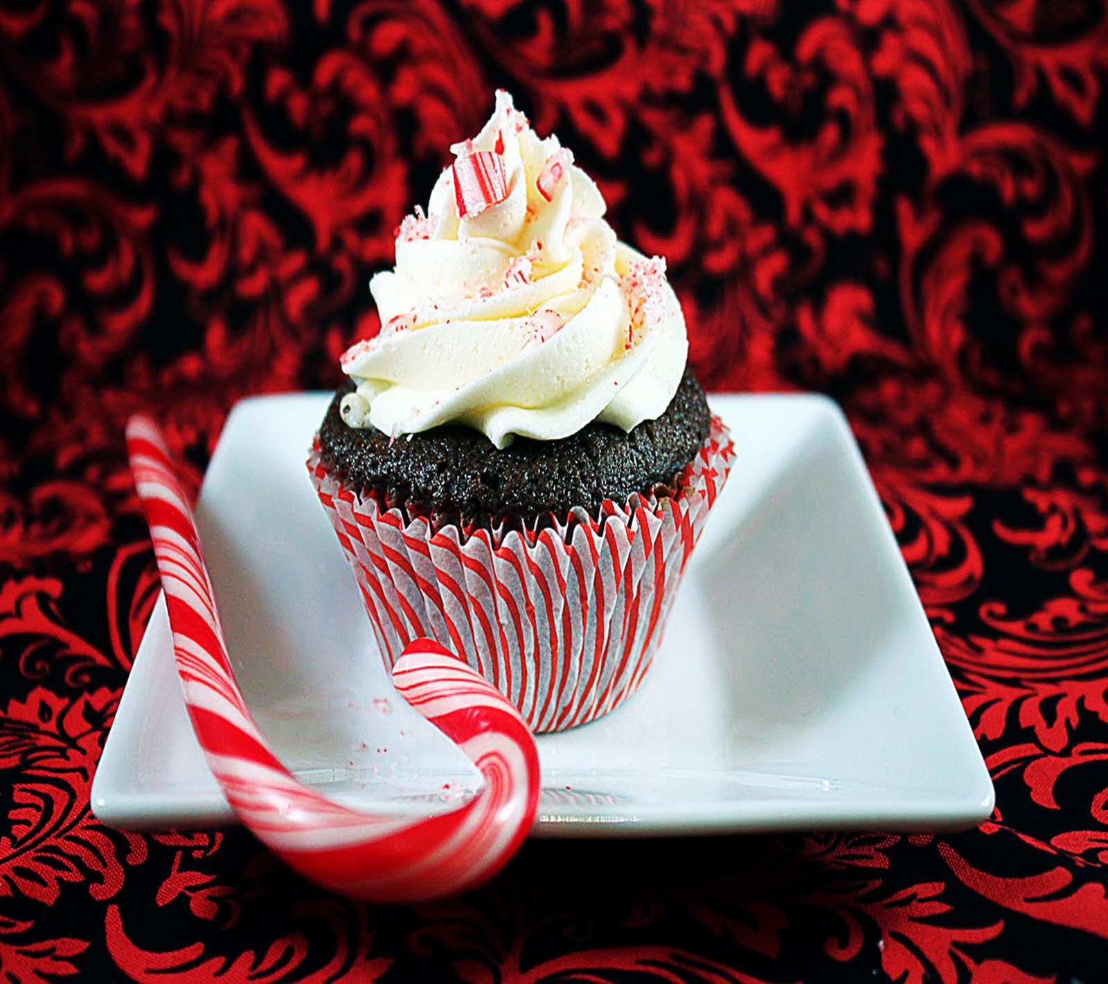 Il y a un cupcake avec un glaçage blanc et une canne en sucre sur une assiette (gâteau, canne en sucre, noël, cup cake, vacances)