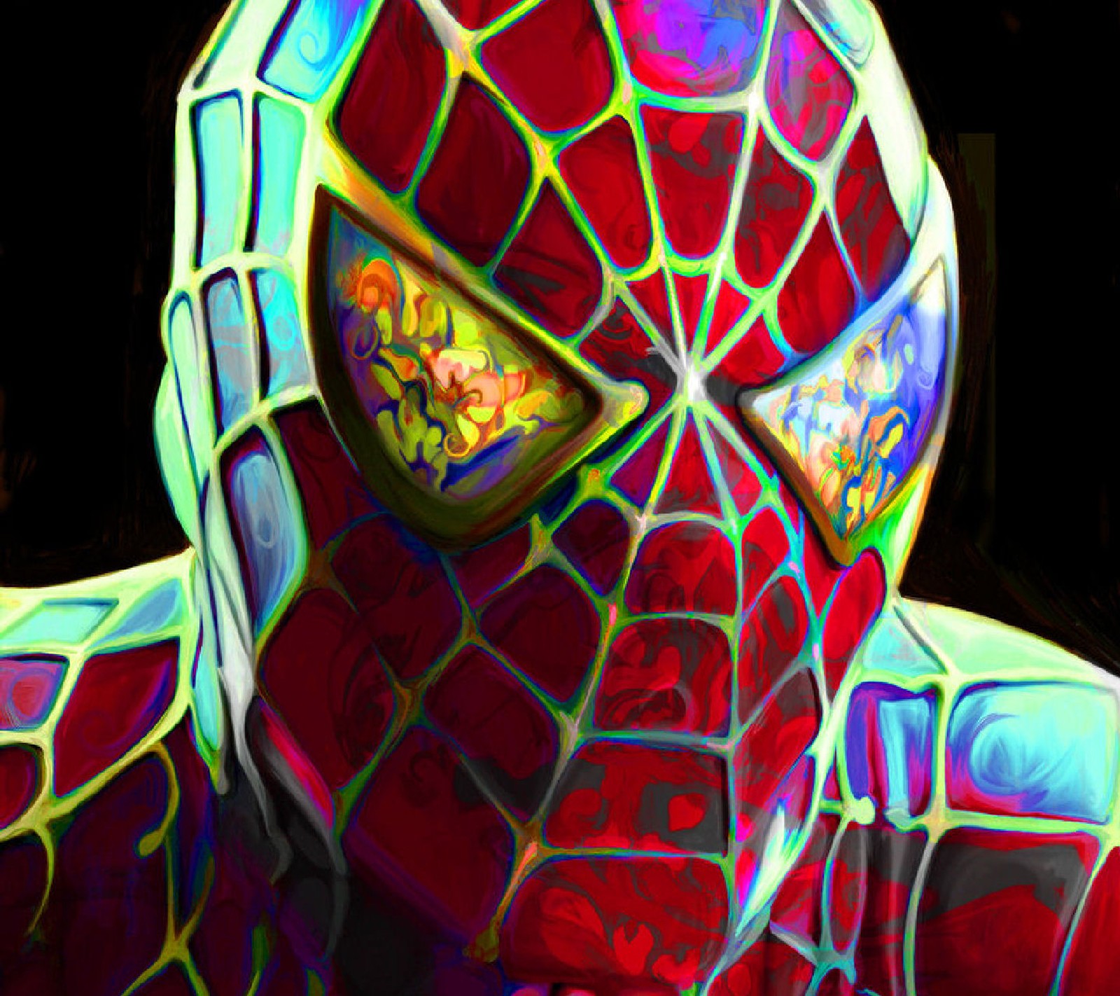 Spider-man avec un visage coloré et des yeux dans une pièce sombre. (héros, marvel)