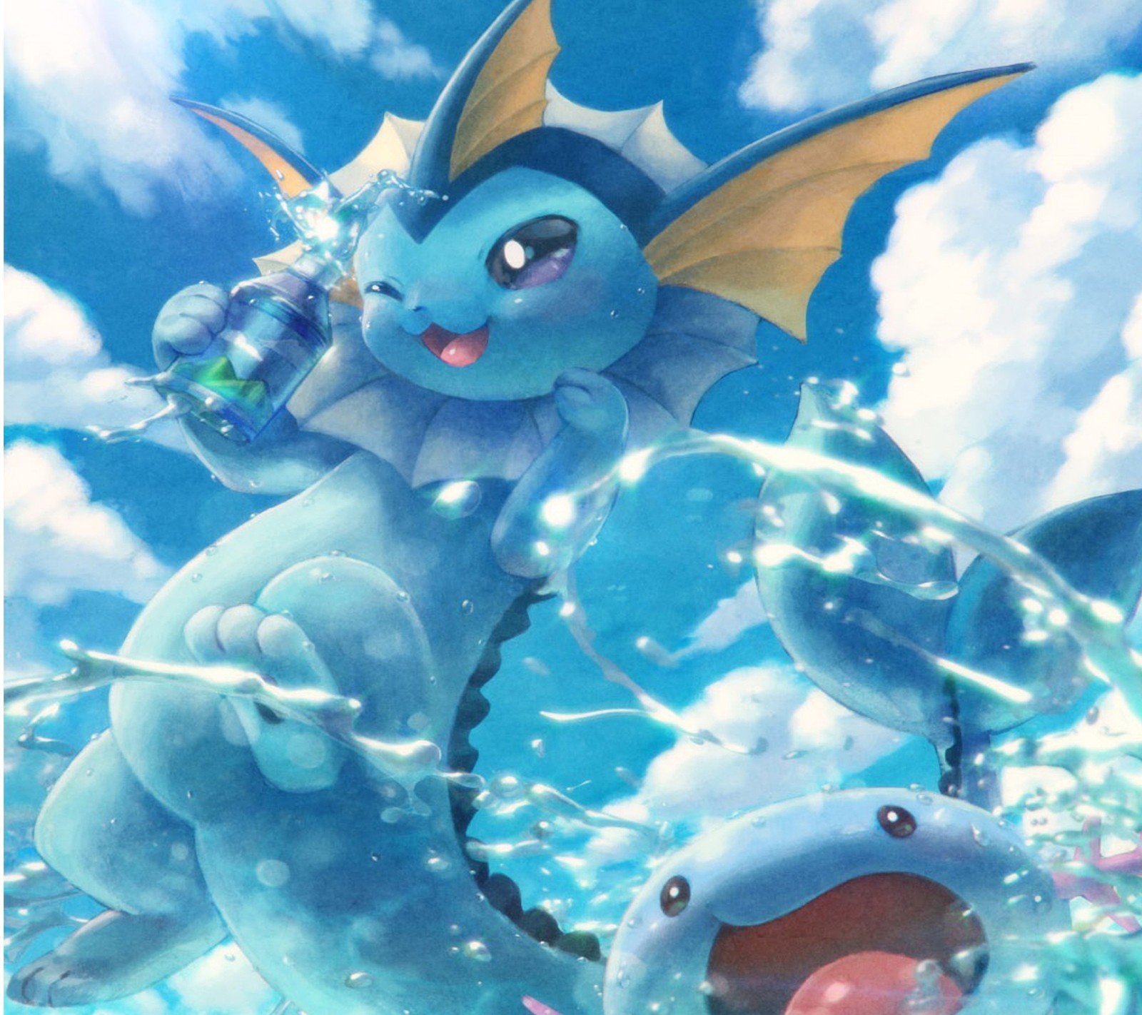 Los pokemones están jugando en el agua con burbujas (agua, lindo, pokemon, verano, vaporeon)