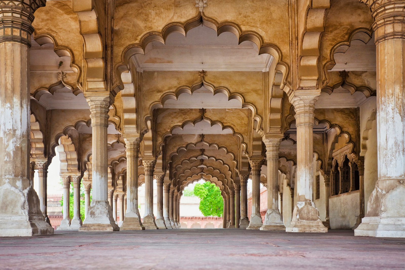 Vista de um grande edifício com colunas e arcos (fortaleza de agra, agra fort, taj mahal, arco, coluna)