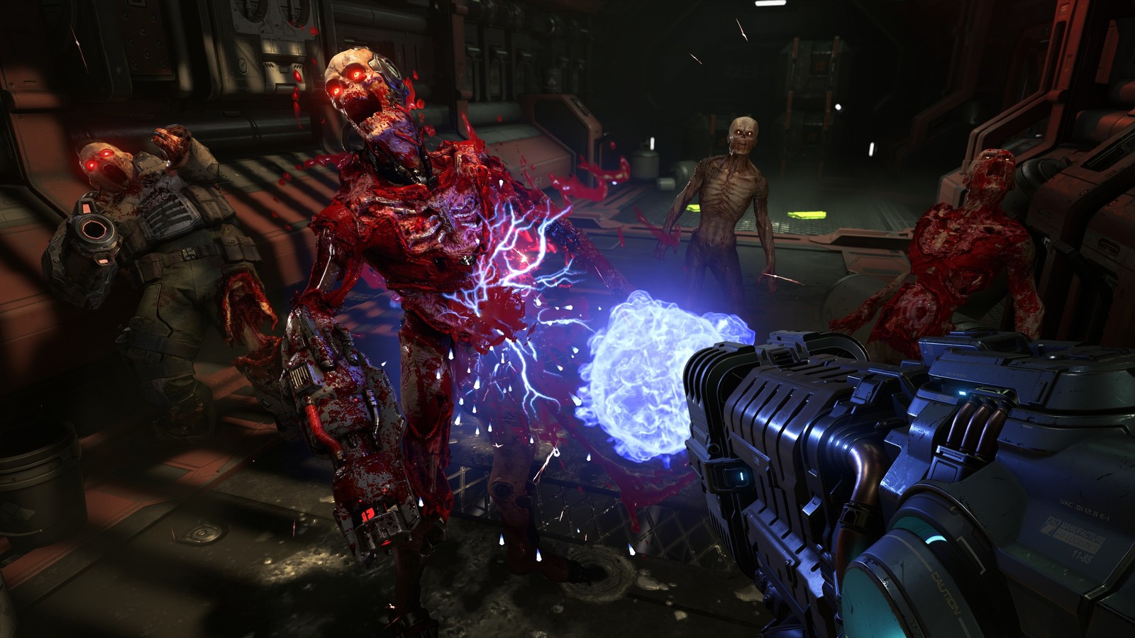 Un primer plano de un videojuego con zombis y una pistola (doom eternal, videojuego)