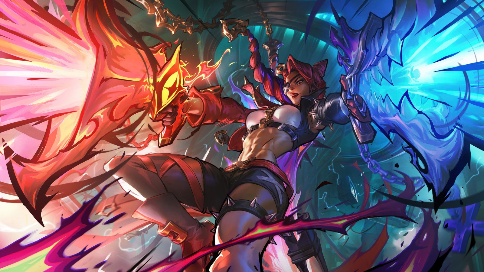 A woman in a red dress holding a sword and a large bird (soul fighter, samira, lol, league of legends, video game)