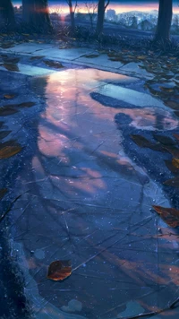 Curso de agua congelado reflejando el atardecer en un paisaje natural