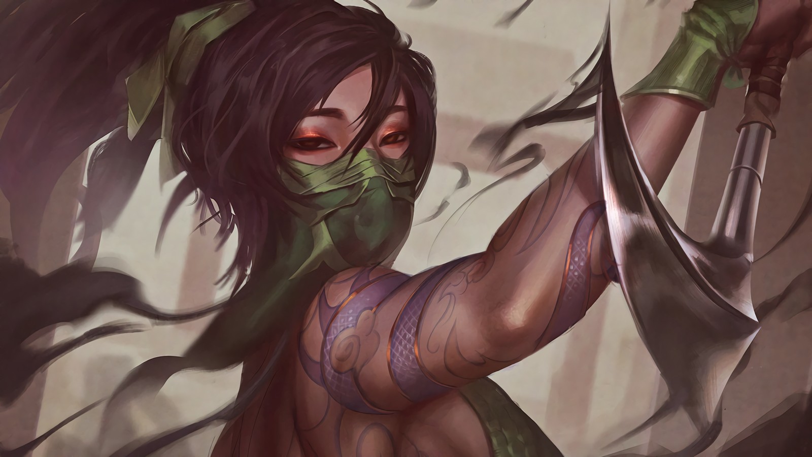 Nahaufnahme einer frau in einem grünen outfit mit einem messer in der hand (akali, lol, league of legends, videospiel)