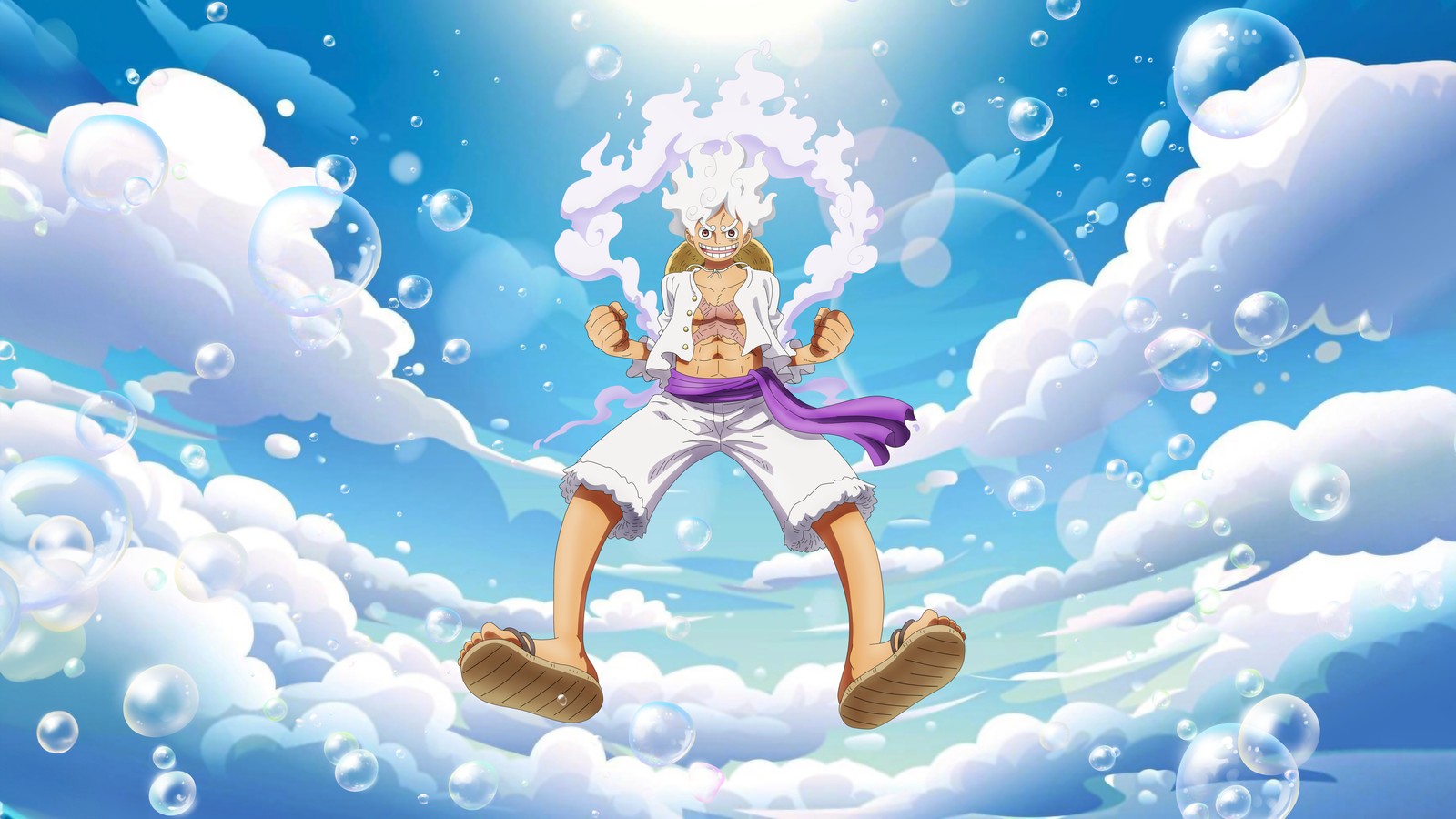 Una imagen de cartoon de un hombre con un atuendo blanco saltando al aire (luffy, 8k, equipo 5, 5k, dios del sol nika)