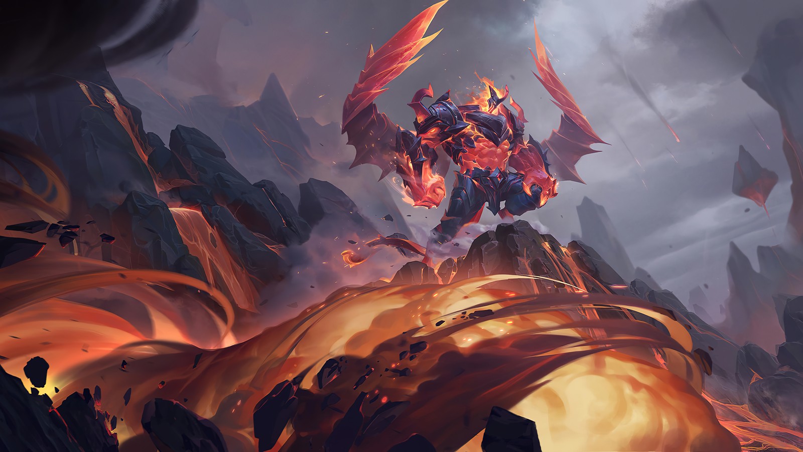 A painting of a demonic looking creature flying over a mountain (galio, infernal, v1, legends of runeterra, lor)