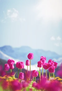 Lebendige pinke Tulpen vor einer ruhigen Landschaft