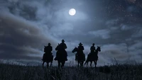 Silhouettes de cavaliers à cheval sous une pleine lune lumineuse dans un ciel étoilé.