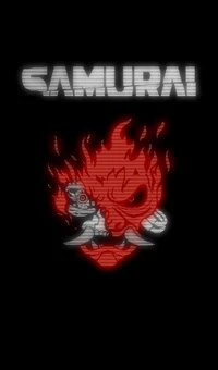 Logo en gras "SAMURAI" avec un design de crâne enflammé et menaçant, alliant esthétique cyberpunk et éléments synthwave.